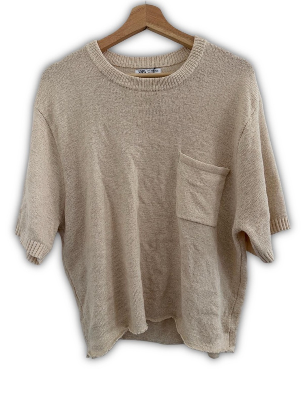 Zara Beige/Light Peach Short Sleeve Knit Top with Pocket